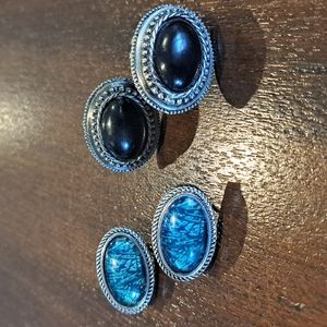 Two pair Clip-on Earrings, Silvertone Black Oval, Bluish-green Oval